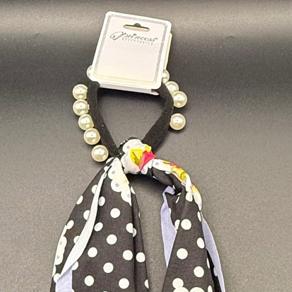Princess Accessories Pearl Beaded Hair Tie Scarf Black White‎ Polka Dot Floral